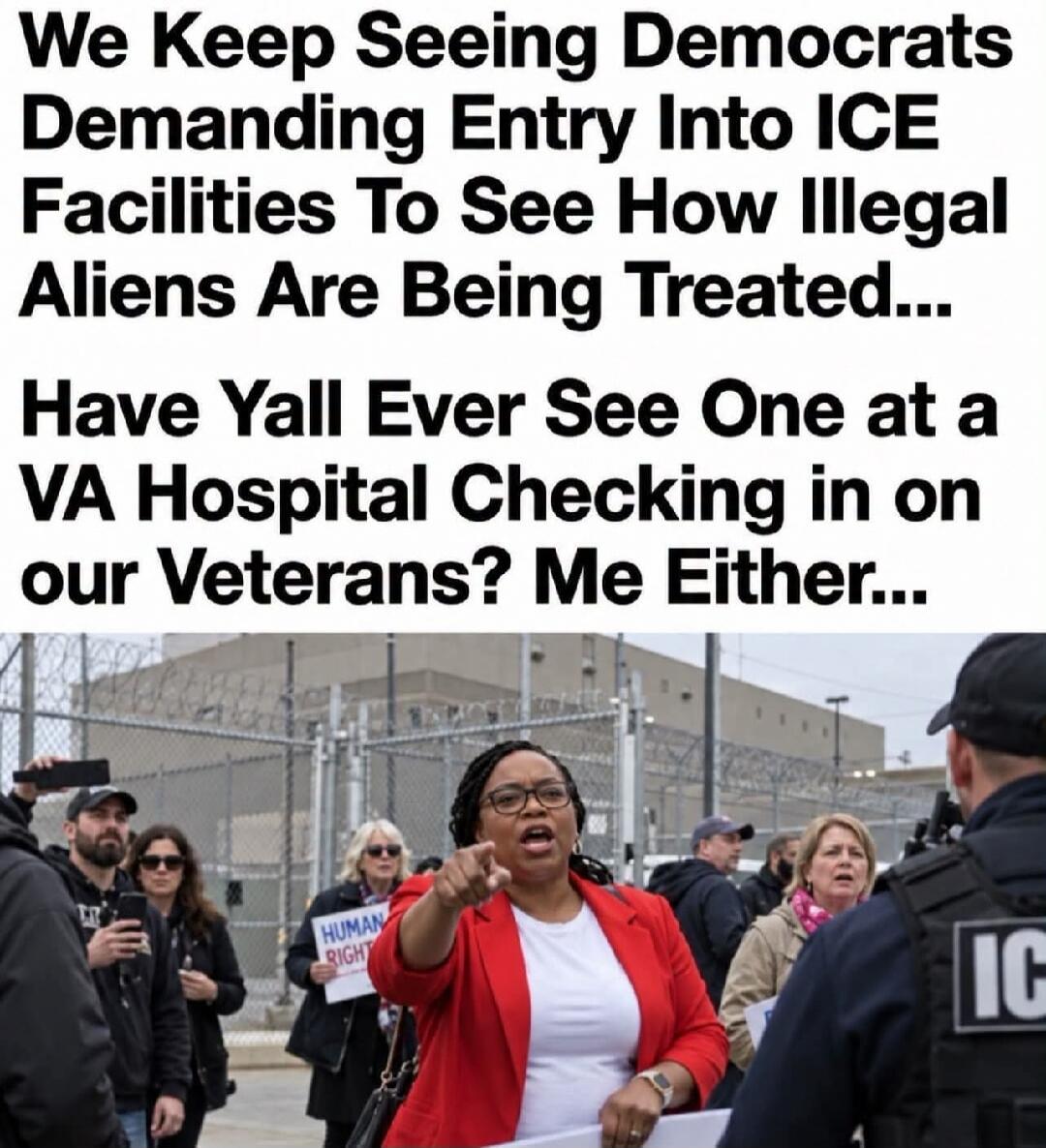 We Keep Seeing Democrats Demanding Entry Into ICE Facilities To See How Illegal Aliens Are Being Treated... Have Yall Ever See One at a VA Hospital Checking in on our Veterans? Me Either...