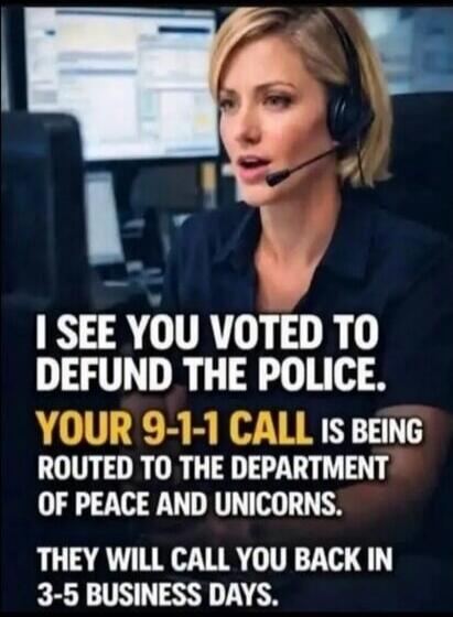 I SEE YOU VOTED TO DEFUND THE POLICE. YOUR 9-1-1 CALL IS BEING ROUTED TO THE DEPARTMENT OF PEACE AND UNICORNS. THEY WILL CALL YOU BACK IN 3-5 BUSINESS DAYS.