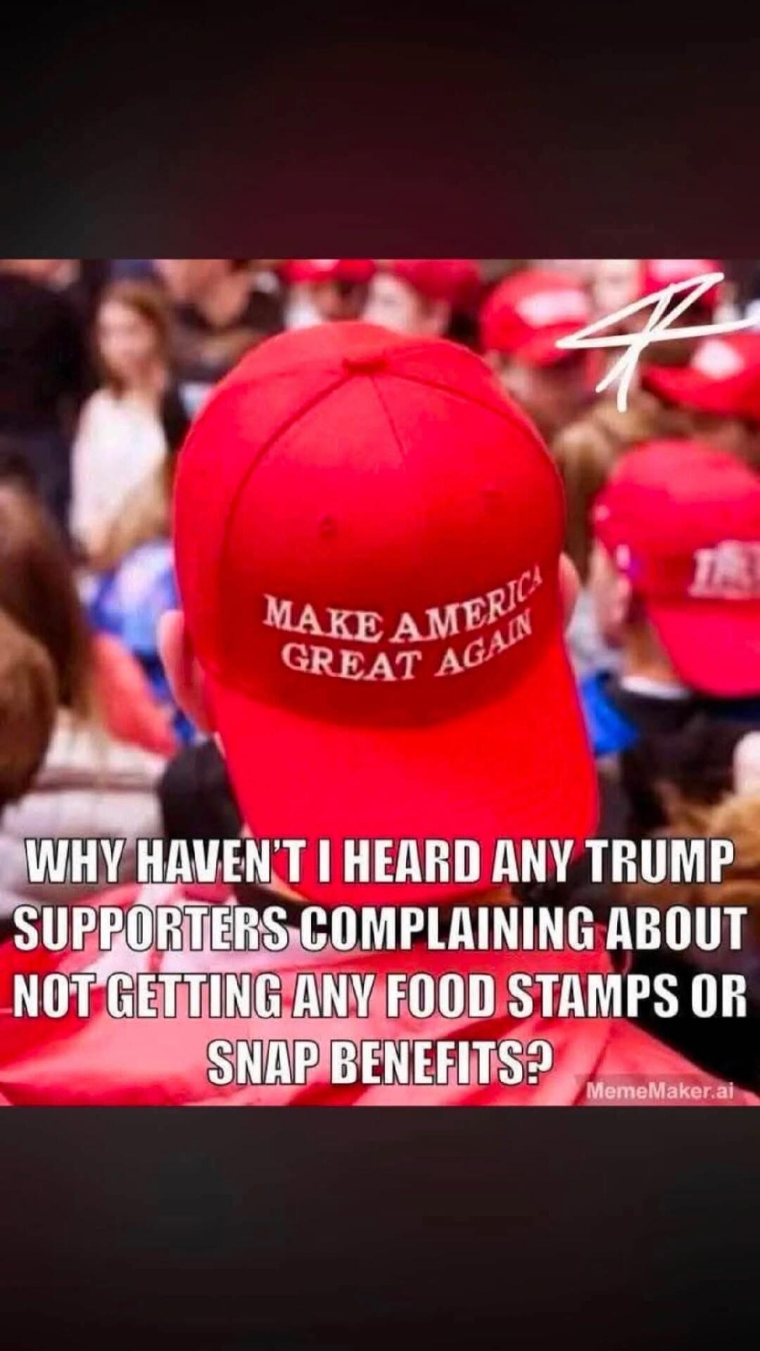 MAKE AMERICA GREAT AGAIN. WHY HAVEN'T I HEARD ANY TRUMP SUPPORTERS COMPLAINING ABOUT NOT GETTING ANY FOOD STAMPS OR SNAP BENEFITS? Mememaker.ai