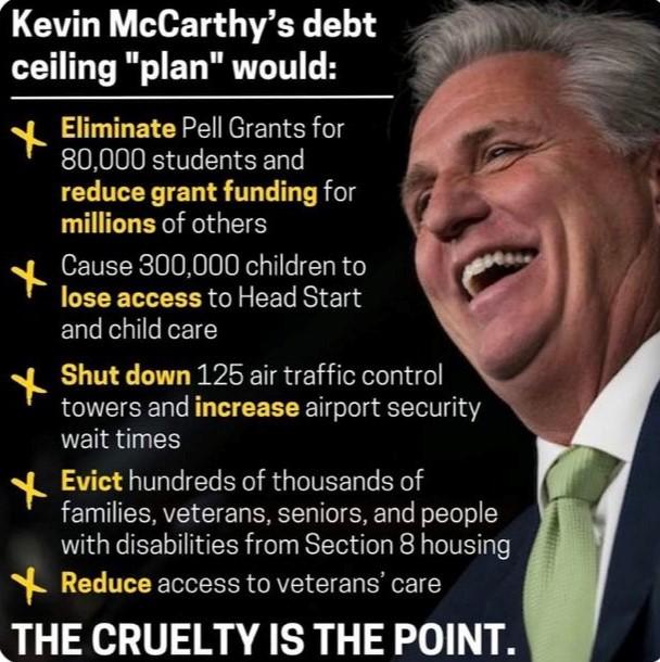 Kevin McCarthys debt ceiling plan would Eliminate Pell Grants for 80000 students and reduce grant funding for millions of others Cause 300000 children to lose access to Head Start and child care Shut down 125 air traffic control towers and increase airport security wait times Evict hundreds of thousands of families veterans seniors and people with disabilities from Section 8 housing Reduce access 