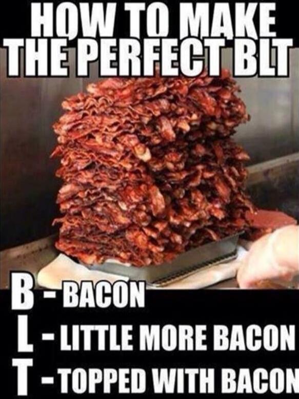 HOW TO MAKE THE PERFECT BLT
B - BACON
L - LITTLE MORE BACON
T - TOPPED WITH BACON