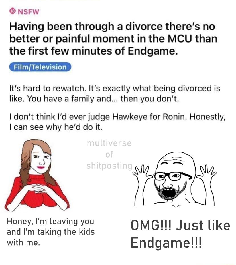 rMarvel uNoobMaster69 18h O NSFW Having been through a divorce theres no better or painful moment in the MCU than the first few minutes of Endgame FilmTelevi Its hard to rewatch Its exactly what being divorced is like You have a family and then you dont I dont think Id ever judge Hawkeye for Ronin Honestly can see why hed do it Honey Im leaving you m and Im taking the kids OMG Just like with me En