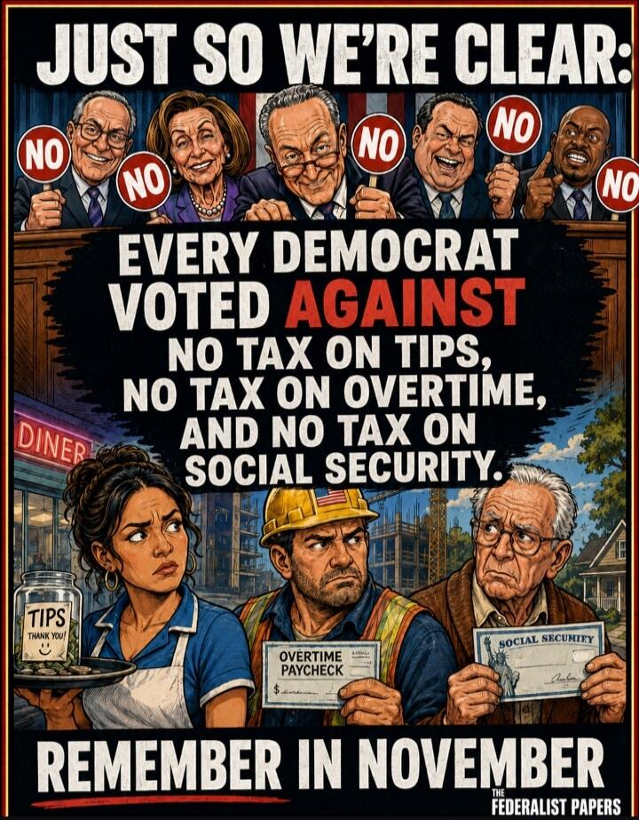 JUST SO WE'RE CLEAR: EVERY DEMOCRAT VOTED AGAINST NO TAX ON TIPS, NO TAX ON OVERTIME, AND NO TAX ON SOCIAL SECURITY. DINER. TIPS THANK YOU! OVERTIME PAYCHECK. SOCIAL SECURITY. REMEMBER IN NOVEMBER. THE FEDERALIST PAPERS.