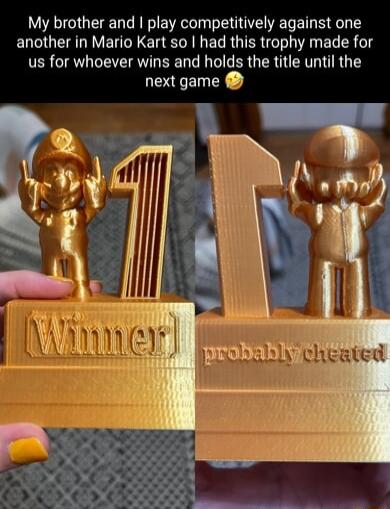 My brother and play competitively against one another in Mario Kart so had this trophy made for us for whoever wins and holds the title until the next game