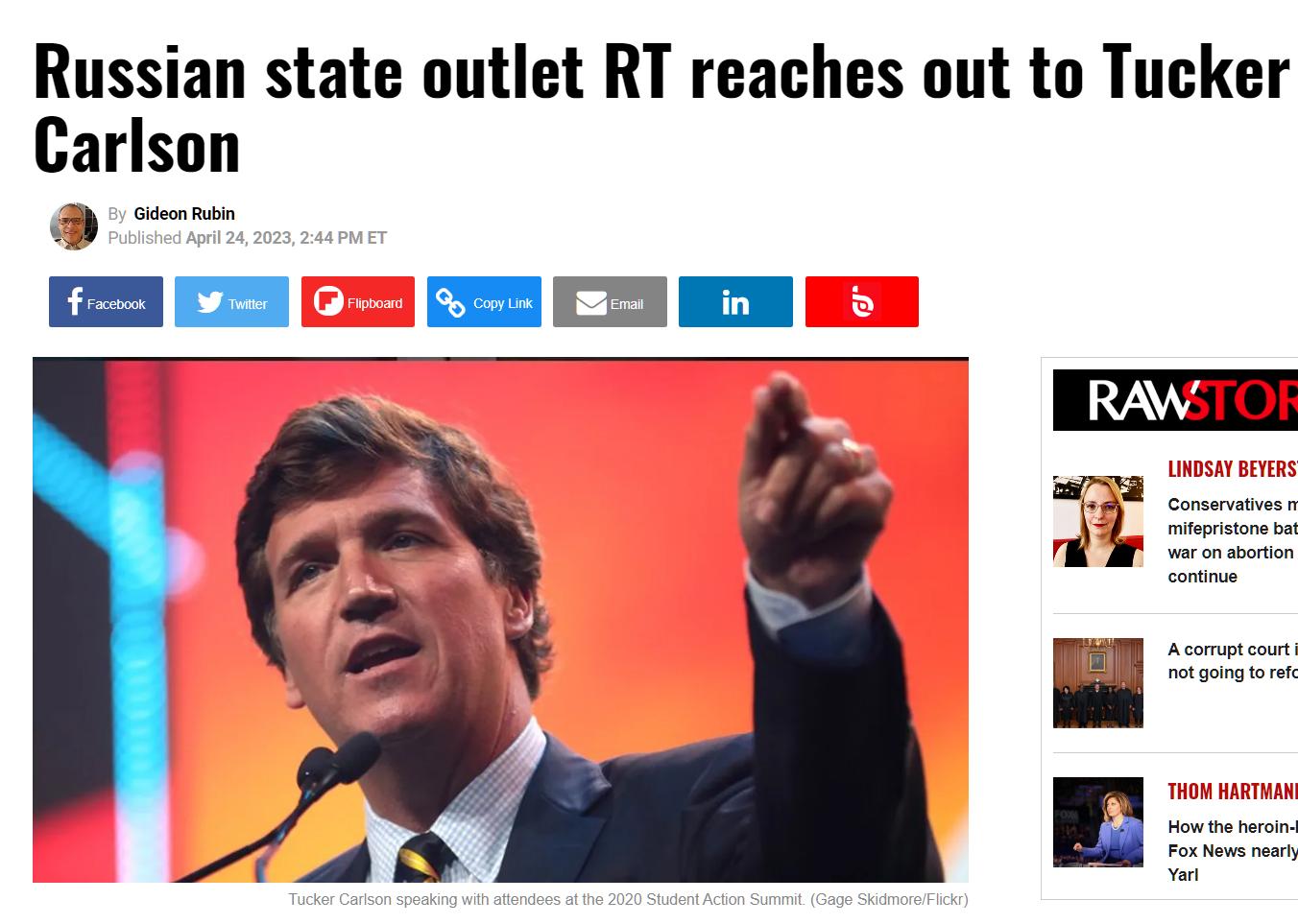 Russian state outlet RT reaches out to Tucker Carlson Pr CEENE
