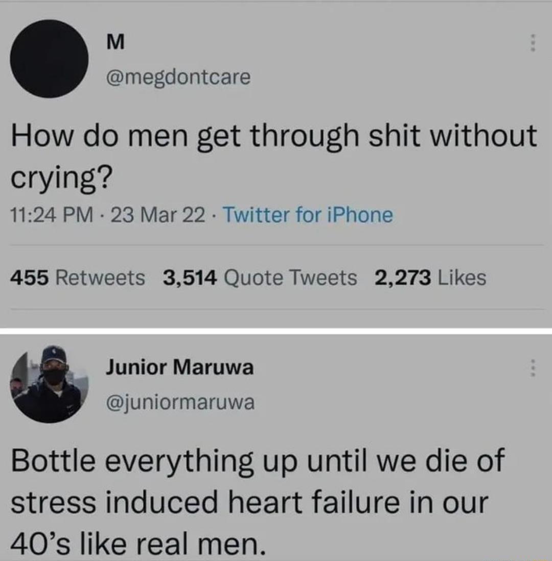 M megdontcare How do men get through shit without crying 1124 PM 23 Mar 22 Twitter for iPhone 455 Retweets 3514 Quote Tweets 2273 Likes 2 Junior Maruwa juniormaruwa Bottle everything up until we die of stress induced heart failure in our 40s like real men