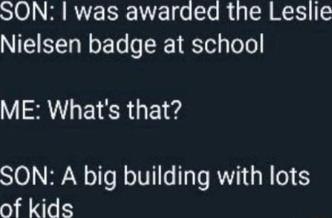 SON: I was awarded the Leslie Nielsen badge at school ME: What's that? SON: A big building with lots of kids