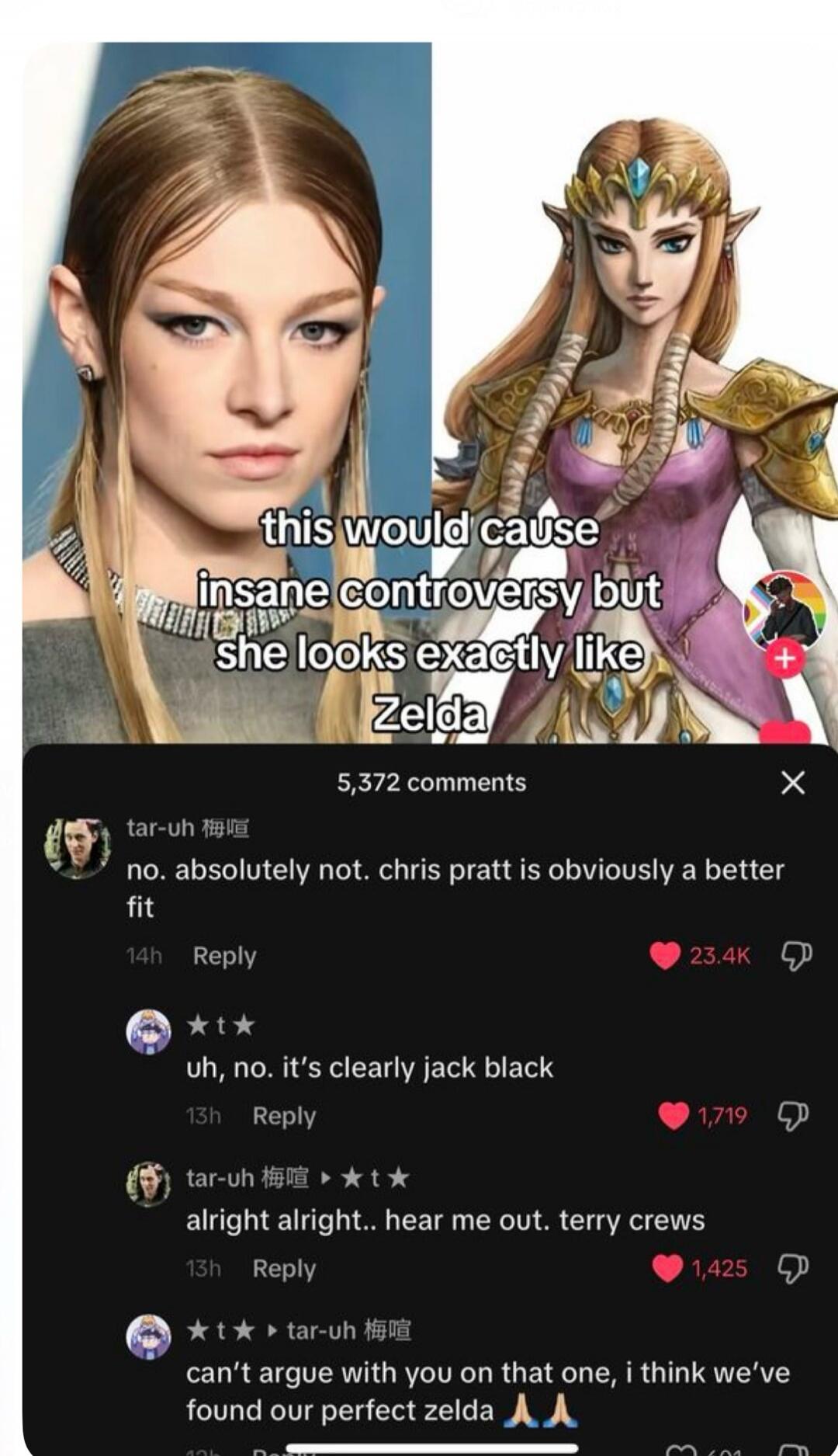 This would cause insane controversy but she looks exactly like Zelda. Comments: No, absolutely not. Chris Pratt is obviously a better fit. Uh, no. It's clearly Jack Black. Alright alright.. hear me out. Terry Crews. Can't argue with you on that one, I think we've found our perfect Zelda.