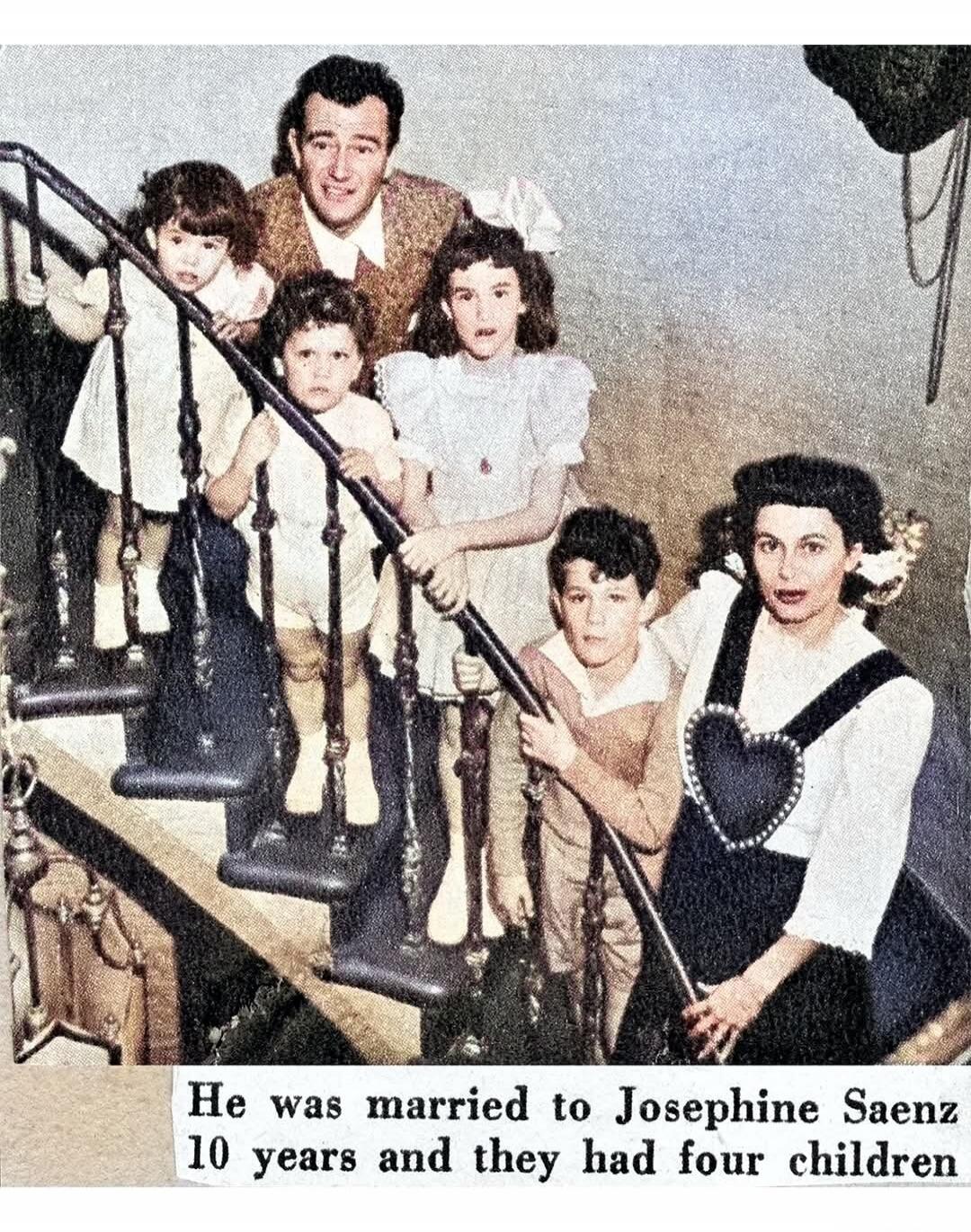 He was married to Josephine Saenz 10 years and they had four children. A family portrait showing a man, a woman, and four children on a staircase.