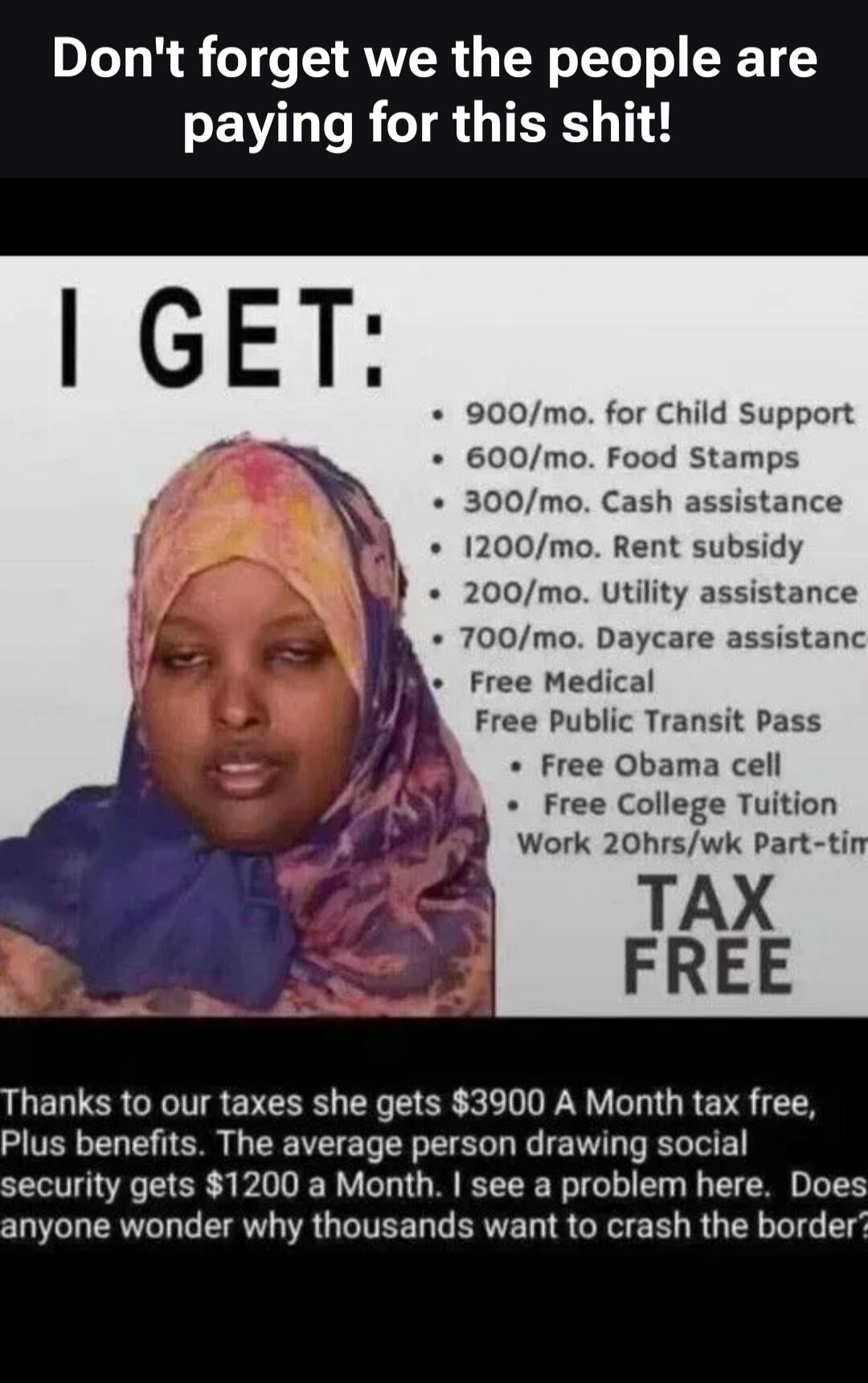 Don't forget we the people are paying for this shit! I GET: 900/mo. for Child Support, 600/mo. Food Stamps, 300/mo. Cash assistance, 1200/mo. Rent subsidy, 200/mo. Utility assistance, 700/mo. Daycare assistance, Free Medical, Free Public Transit Pass, Free Obama cell, Free College Tuition, Work 20hrs/wk Part-time. TAX FREE. Thanks to our taxes she 