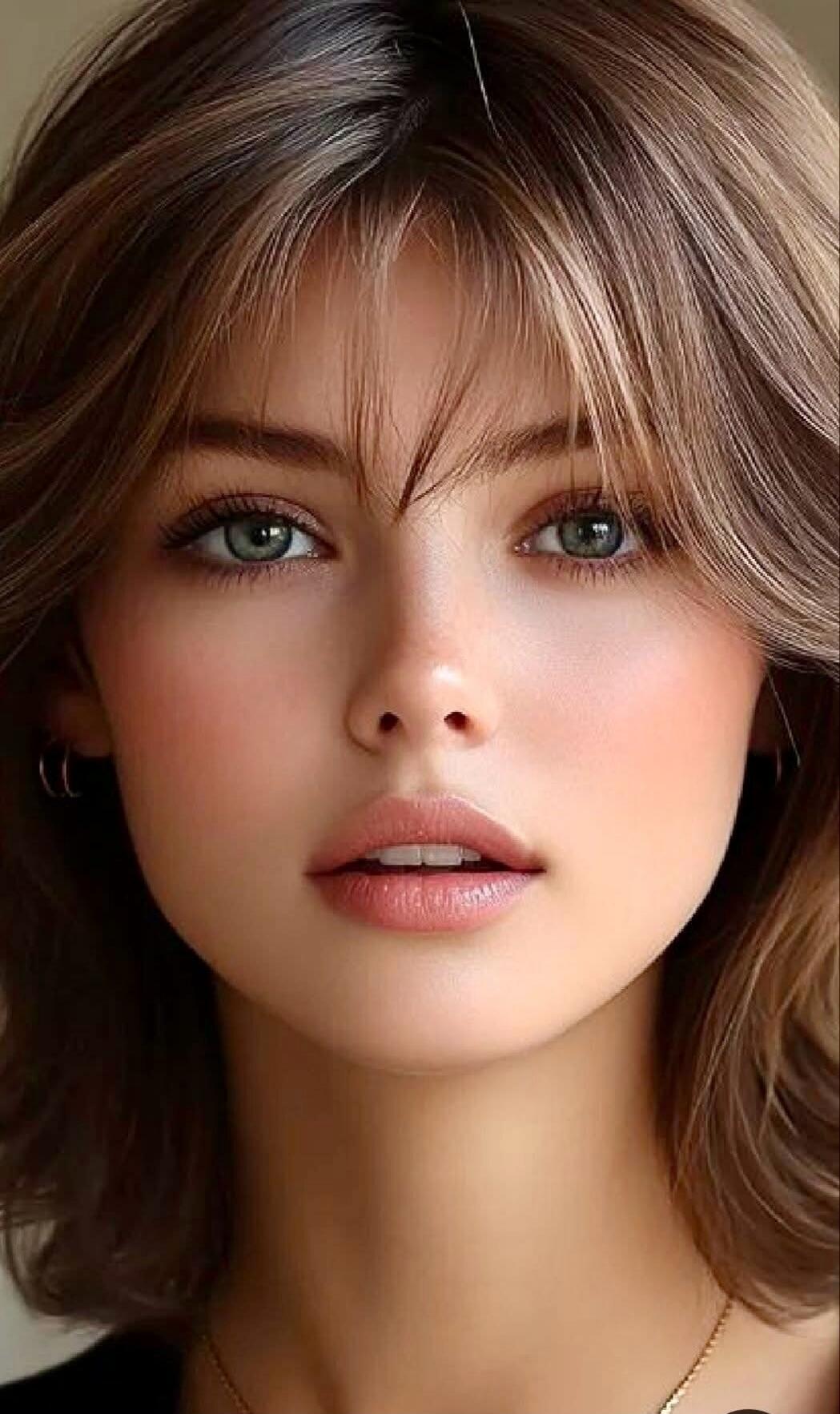 Close-up portrait of a young woman with light makeup, green eyes, and brown hair.