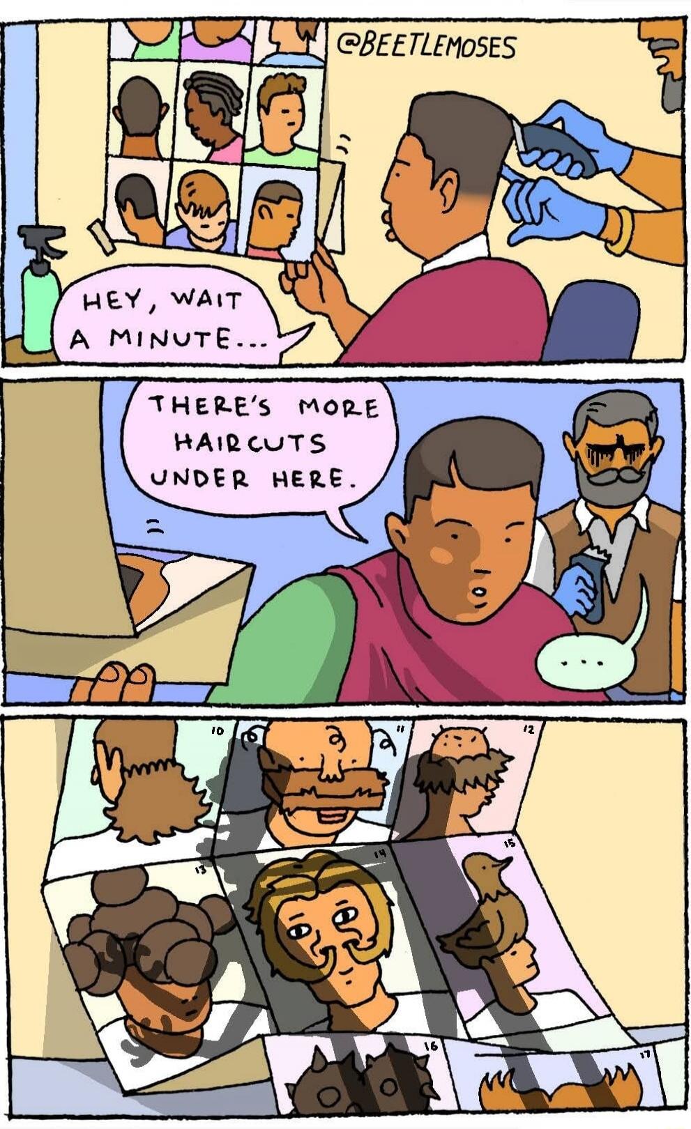 HEY, WAIT A MINUTE... THERE'S MORE HAIRCUTS UNDER HERE. @BEETLEMOSES