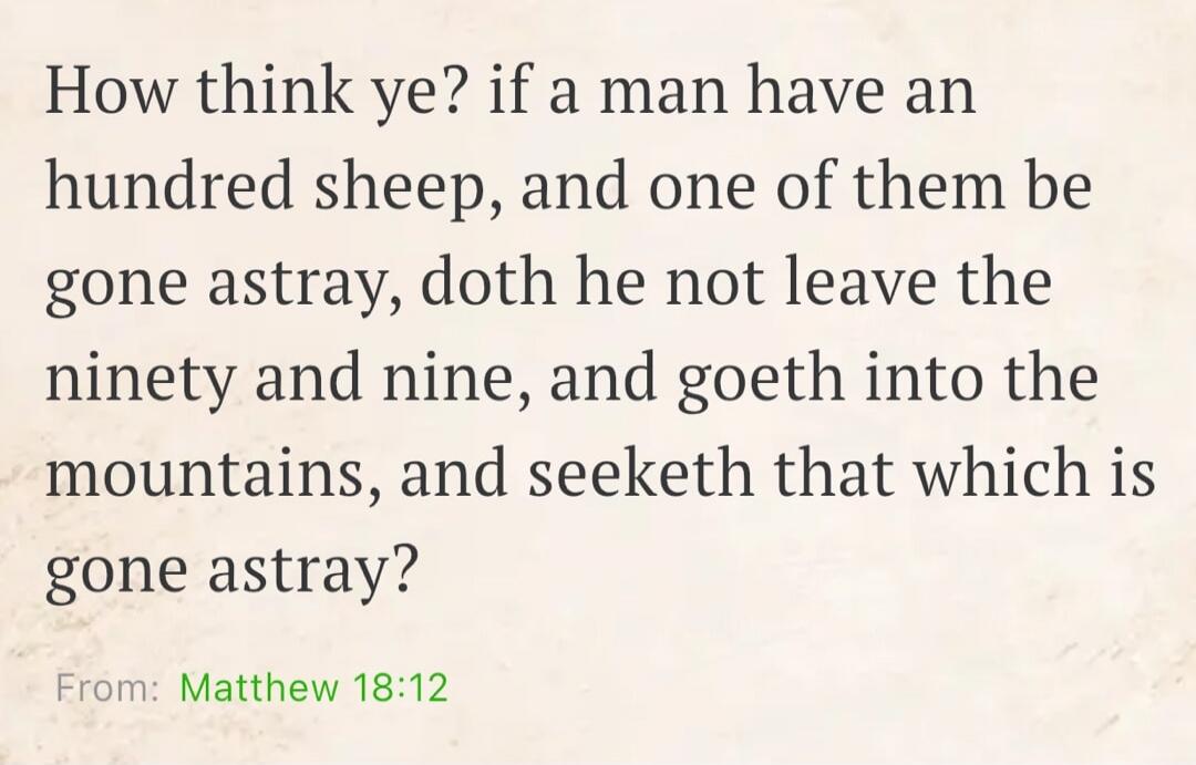 How think ye? if a man have an hundred sheep, and one of them be gone astray, doth he not leave the ninety and nine, and goeth into the mountains, and seeketh that which is gone astray? From: Matthew 18:12