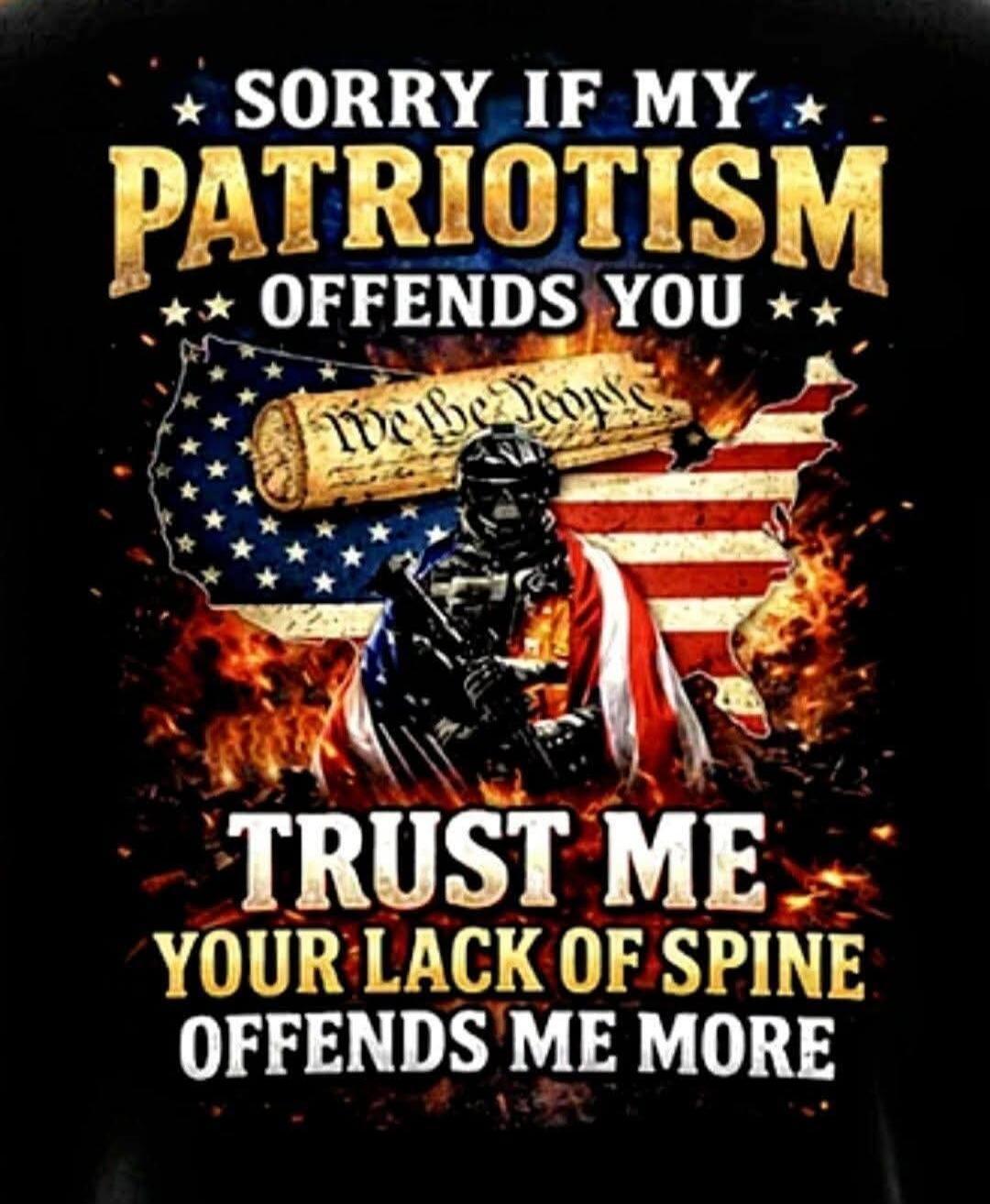 SORRY IF MY PATRIOTISM OFFENDS YOU. TRUST ME YOUR LACK OF SPINE OFFENDS ME MORE. We the People