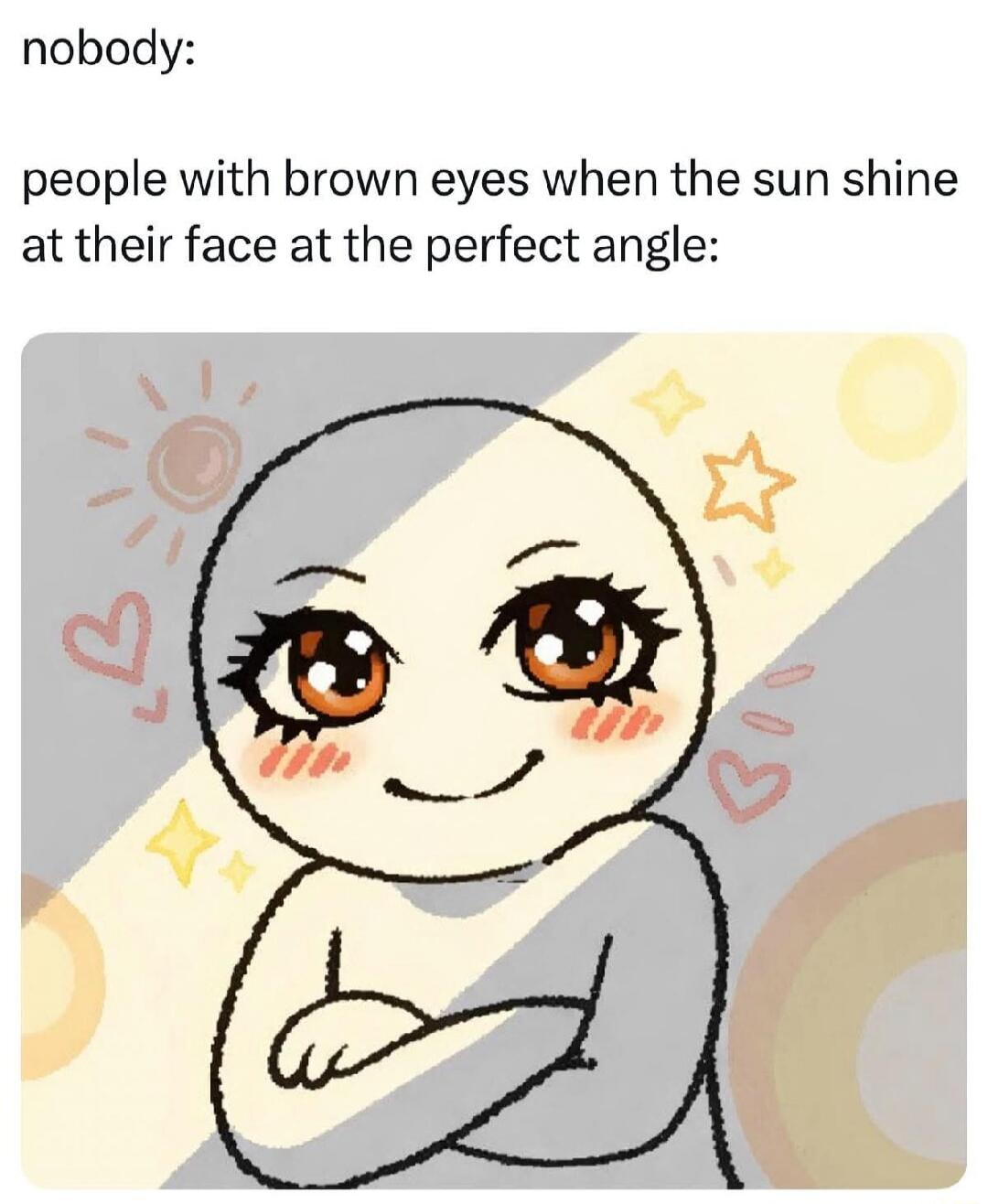 nobody:

people with brown eyes when the sun shine at their face at the perfect angle: