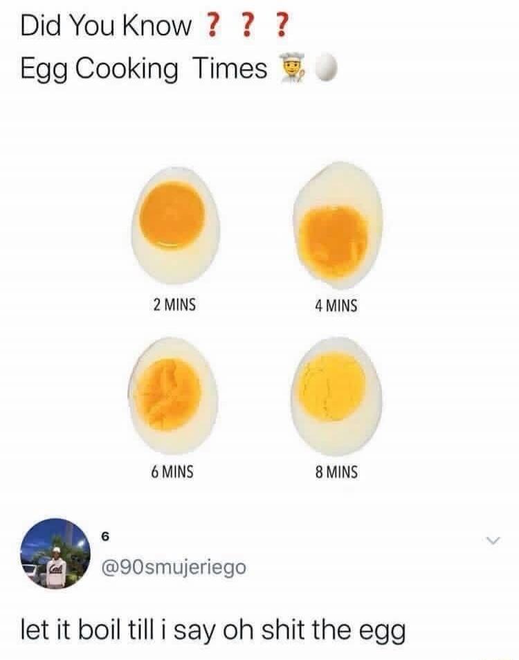 Did You Know ??? Egg Cooking Times 🧑‍🍳🥚 2 MINS 4 MINS 6 MINS 8 MINS let it boil till i say oh shit the egg