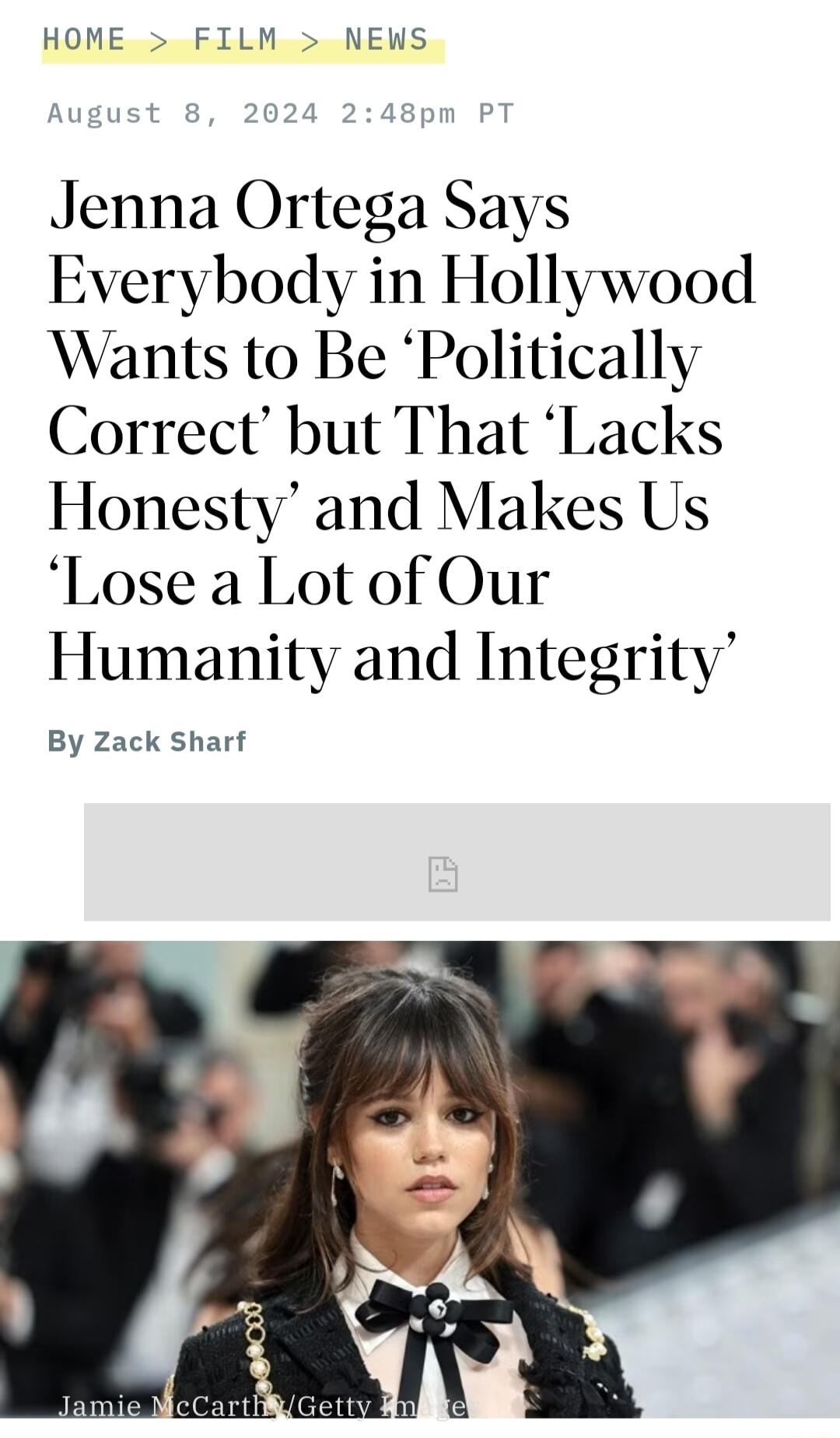 HOME FILM NEWS Jenna Ortega Says Everybody in Hollywood Wants to Be Politically Correct but That Lacks Honesty and Makes Us Lose a Lot of Our Humanity and Integrity By Zack Sharf