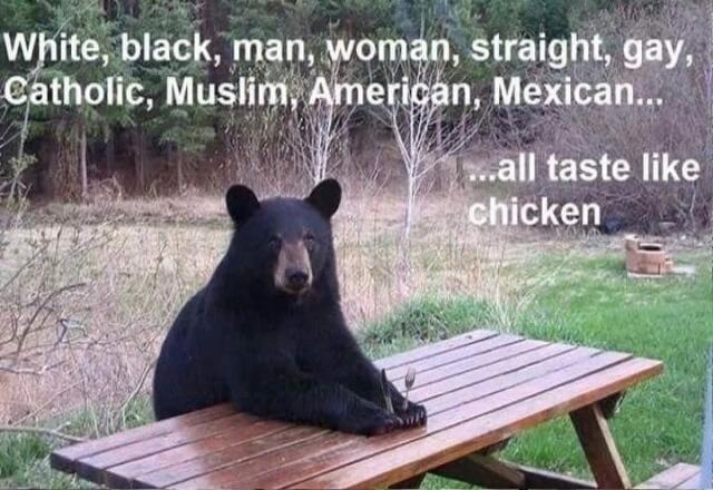 White, black, man, woman, straight, gay, Catholic, Muslim, American, Mexican... ...all taste like chicken