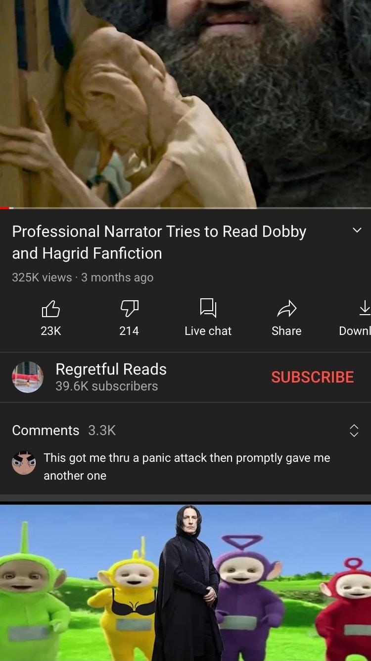 Professional Narrator Tries to Read Dobby v and Hagrid Fanfiction 325K views 3 months ago 5 op I N 23K 214 Live chat SHENE I RELI TR EET S 396K subscribers Comments 33K A This got me thru a panic attack then promptly gave me another one