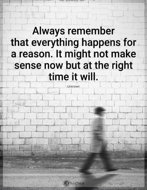 Always remember that everything happens for a reason. It might not make sense now but at the right time it will.
Unknown.