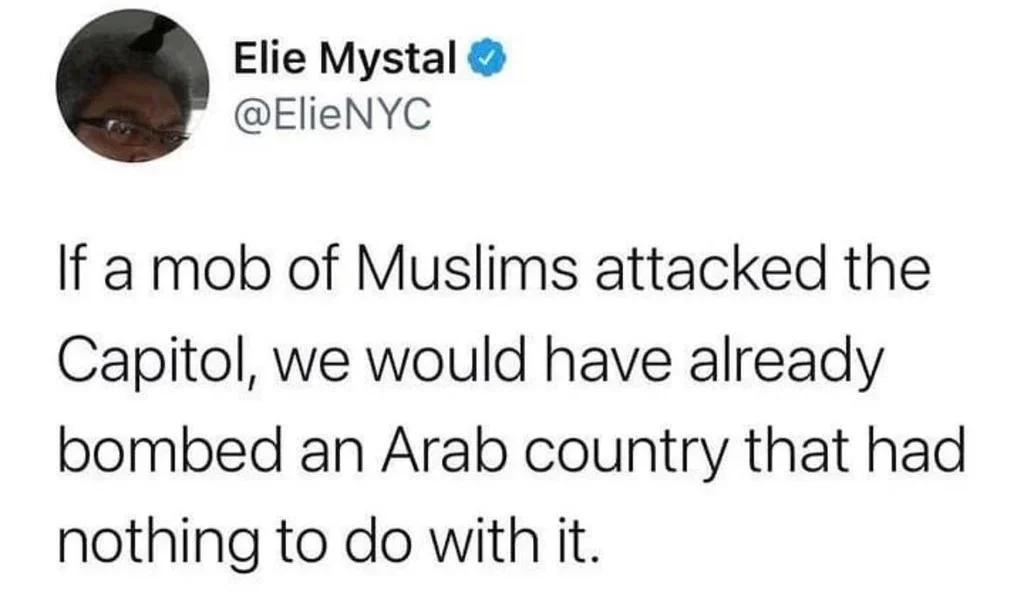 Elie Mystal ElieNYC If a mob of Muslims attacked the Capitol we would have already bombed an Arab country that had nothing to do with it