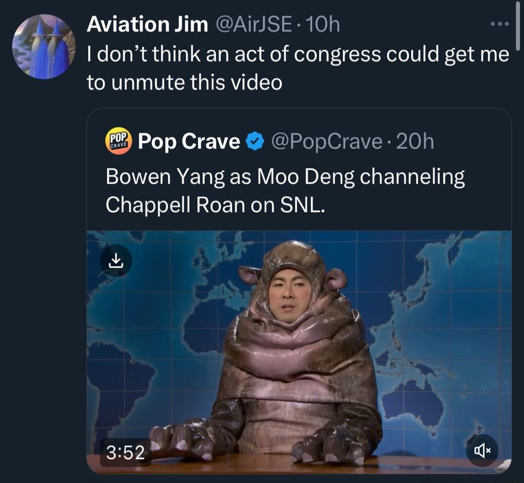 Aviation Jim AIrJSE 10h I dont think an act of congress could get me to unmute this video Pop Crave PopCrave 20h Bowen Yang as Moo Deng channeling Chappell Roan on SNL