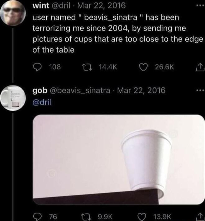 wint J user named beavis_sinatra has been terrorizing me since 2004 by sending me pictures of cups that are too close to the edge SRUEREL