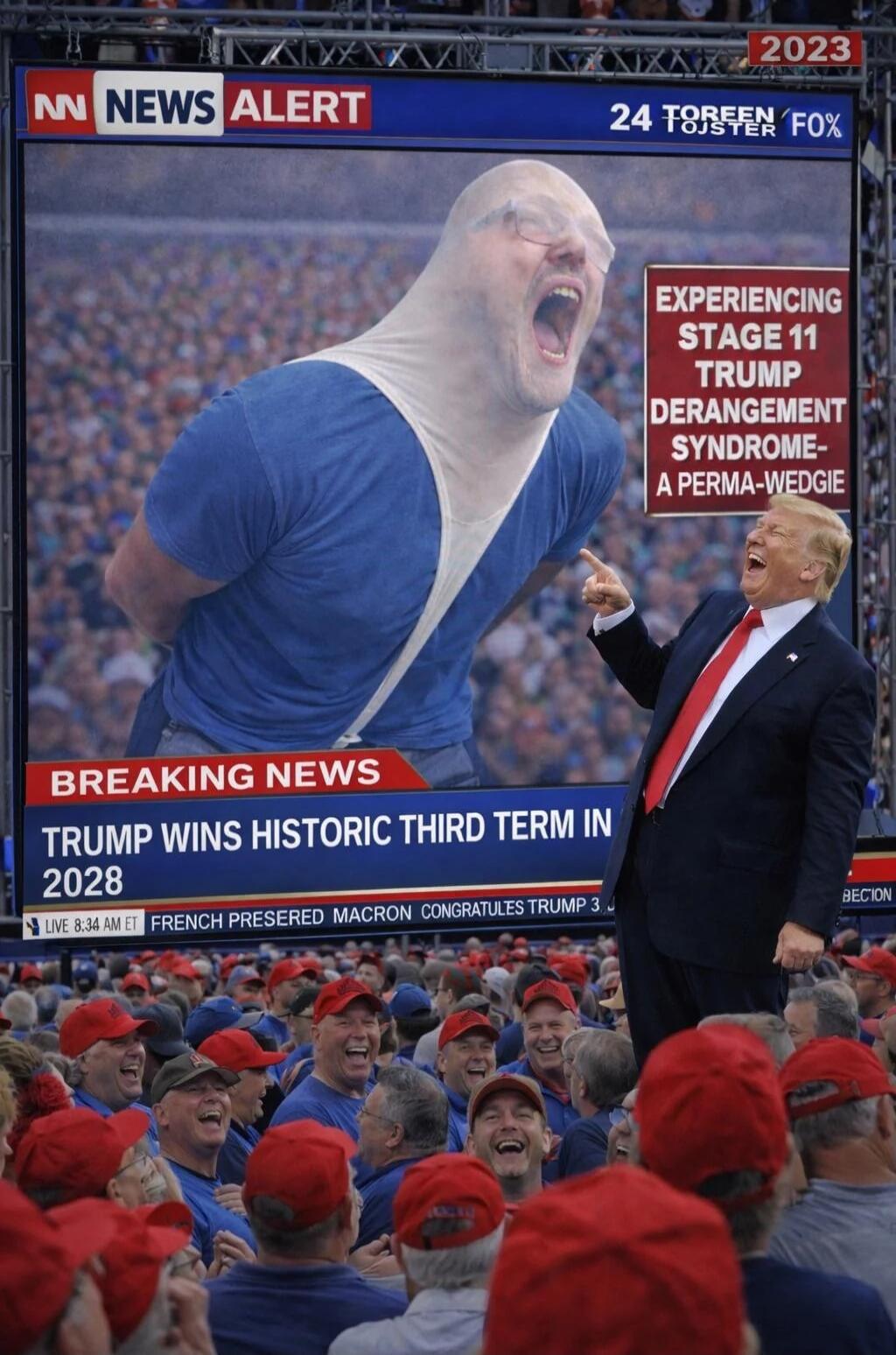 NEWS ALERT 24 TOREEN FOSTER FOX 2023 EXPRERIENCING STAGE 11 TRUMP DERANGEMENT SYNDROME - A PERMA-WEDGIE BREAKING NEWS TRUMP WINS HISTORIC THIRD TERM IN 2028 LIVE 8:34 AM FRENCH PRESSED MACRON CONGRATULATES TRUMP 3