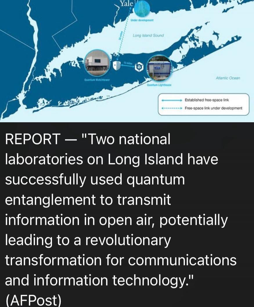 Yale, under development, Long Island Sound, Atlantic Ocean, Quantum Watchtower, Quantum Lighthouse, 12 miles, 20 miles. Established free-space link, Free-space link under development. REPORT — 