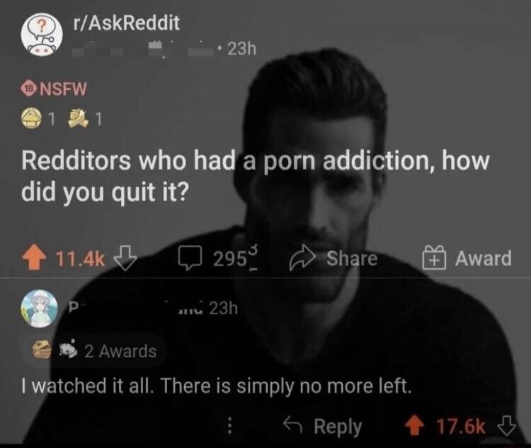 r/AskReddit Redditors who had a porn addiction, how did you quit it? I watched it all. There is simply no more left.