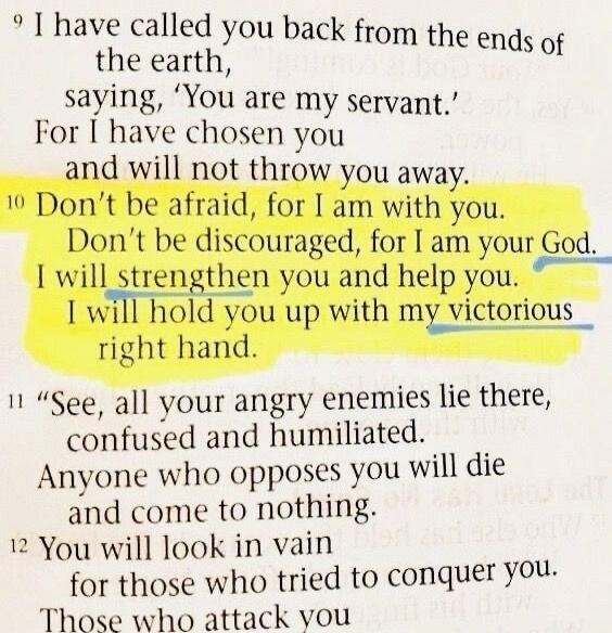 I have called you back from the ends of the earth, saying, 'You are my servant.' For I have chosen you and will not throw you away. Don't be afraid, for I am with you. Don't be discouraged, for I am your God. I will strengthen you and help you. I will hold you up with my victorious right hand. 'See, all your angry enemies lie there, confused and hu