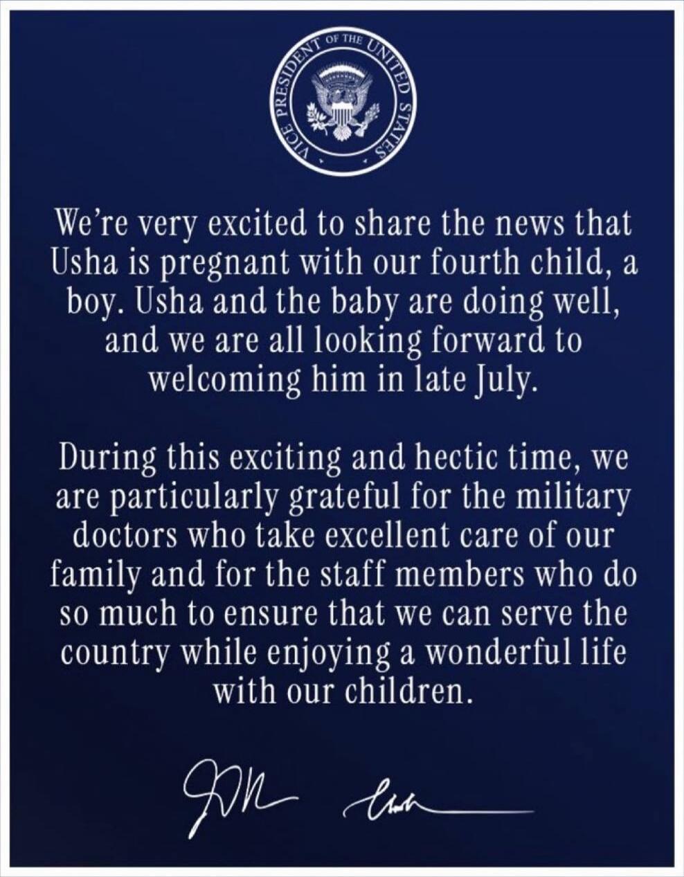 We're very excited to share the news that Usha is pregnant with our fourth child, a boy. Usha and the baby are doing well, and we are all looking forward to welcoming him in late July.

During this exciting and hectic time, we are particularly grateful for the military doctors who take excellent care of our family and for the staff members who do s