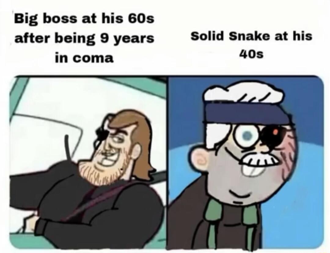 Big boss at his 60s after being 9 years Solid Snake at his in coma 40s