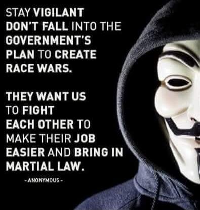STAY VIGILANT DON'T FALL INTO THE GOVERNMENT'S PLAN TO CREATE RACE WARS. THEY WANT US TO FIGHT EACH OTHER TO MAKE THEIR JOB EASIER AND BRING IN MARTIAL LAW. - ANONYMOUS -