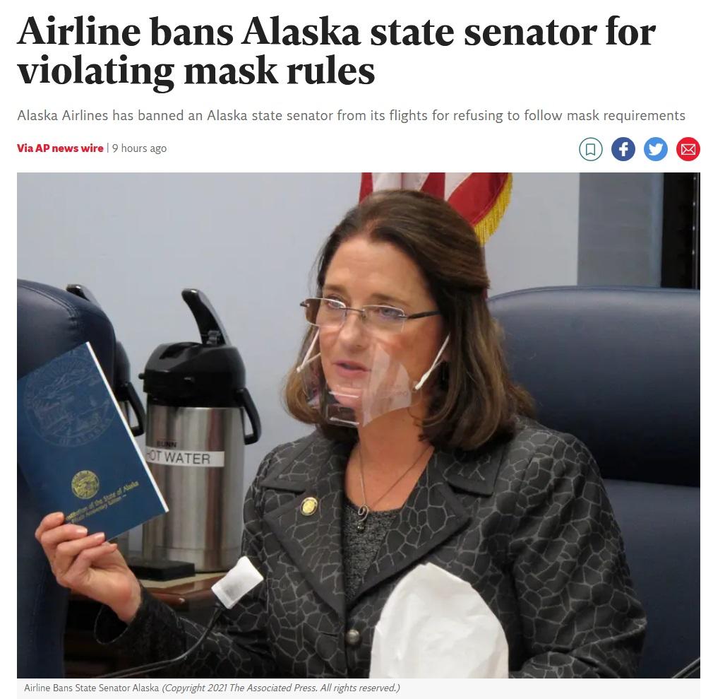 Airline bans Alaska state senator for violating mask rules n Alaska state senator from its flights for refusing to foll
