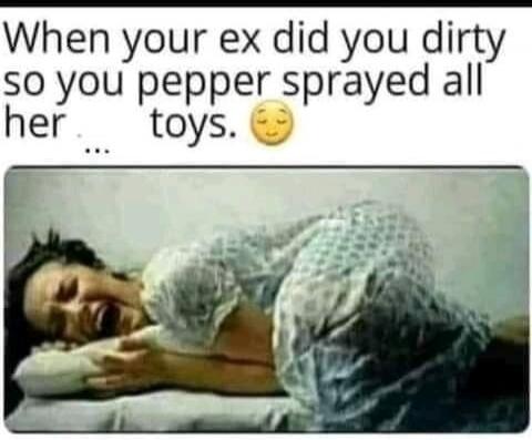 When your ex did you dirty so you pepper sprayed all her toys.