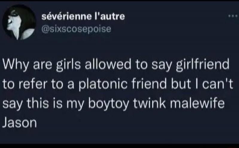 Why are girls allowed to say girlfriend to refer to a platonic friend but I can't say this is my boytoy twink malewife Jason