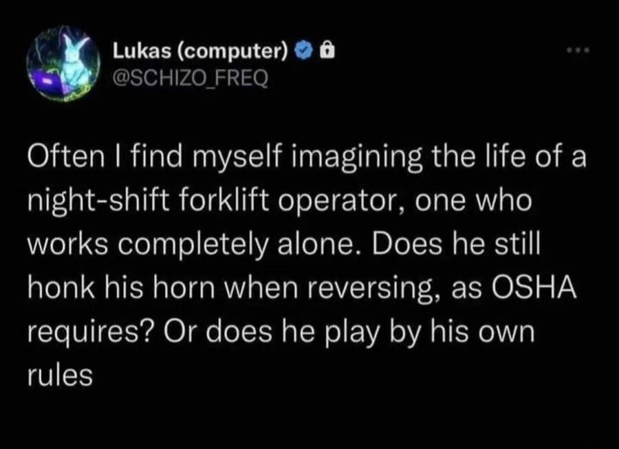 X Lukas computer N SCHIZO_FREQ Often find myself imagining the life of a night shift forklift operator one who works completely alone Does he still honk his horn when reversing as OSHA requires Or does he play by his own rules