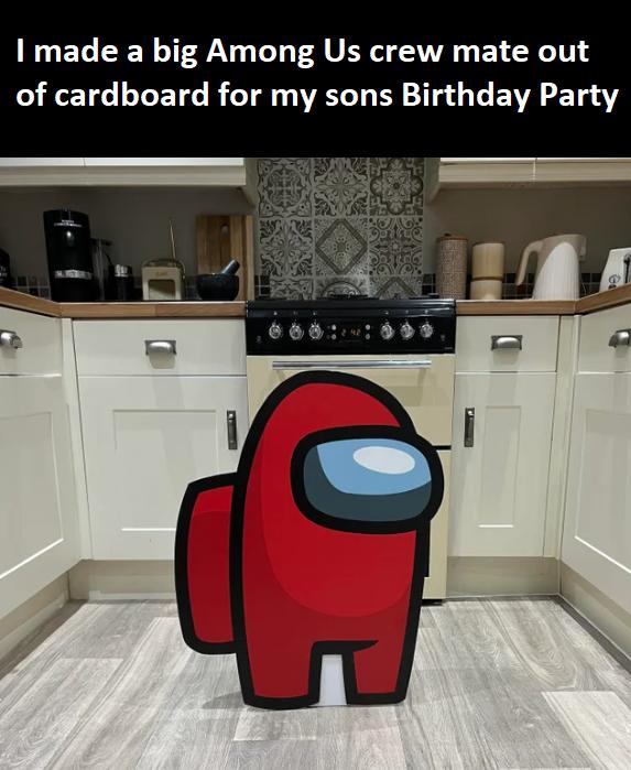 made a big Among Us crew mate out of cardboard for my sons Birthday Party