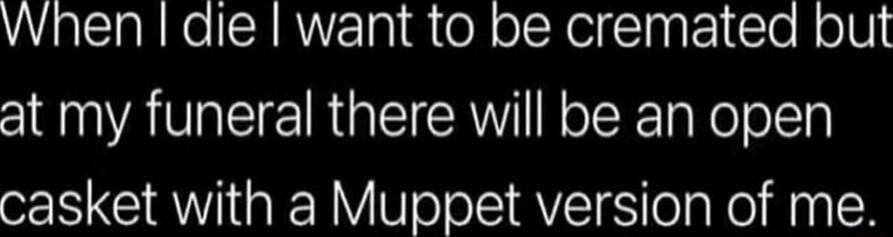 When I die I want to be cremated but at my funeral there will be an open casket with a Muppet version of me.
Session ID: 1010863.