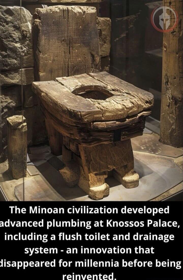 The Minoan civilization developed advanced plumbing at Knossos Palace, including a flush toilet and drainage system - an innovation that disappeared for millennia before being reinvented.