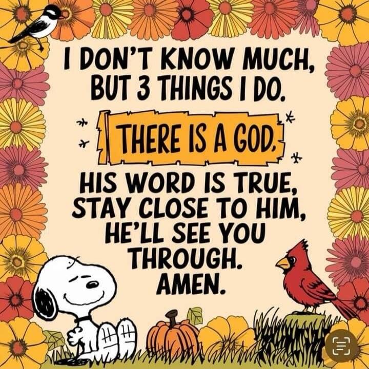 I DON'T KNOW MUCH, BUT 3 THINGS I DO. THERE IS A GOD. HIS WORD IS TRUE, STAY CLOSE TO HIM, HE'LL SEE YOU THROUGH. AMEN.