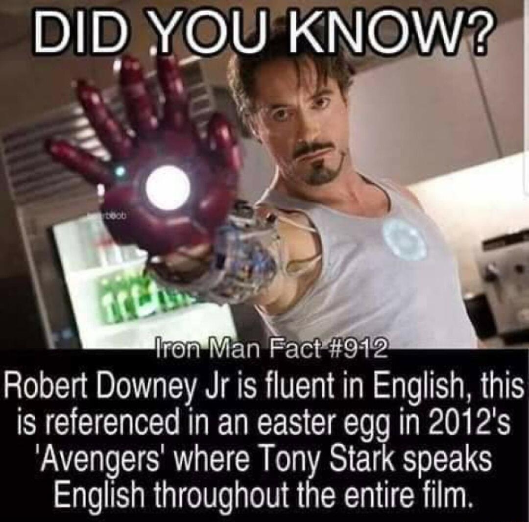 Robert Downey Jr is fluent in Engllsh this SIGECHEINEGEESCE PP Avengers where Tony Stark speaks English throughout the entire film