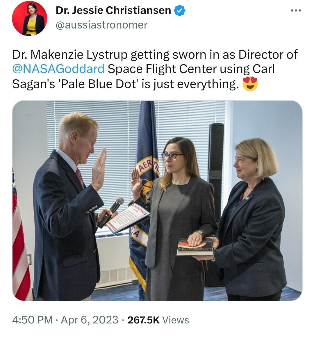Dr Jessie Christiansen aussiastronomer Dr Makenzie Lystrup getting sworn in as Director of NASAGoddard Space Flight Center using Carl Sagans Pale Blue Dotis just everything 2 450 PM Apr 6 2023 2675K Views
