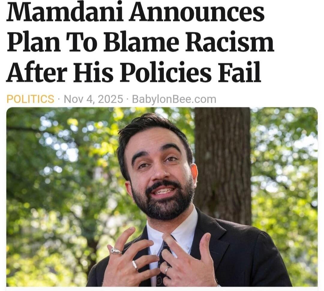 Mamdani Announces Plan To Blame Racism After His Policies Fail
POLITICS · Nov 4, 2025 · BabylonBee.com