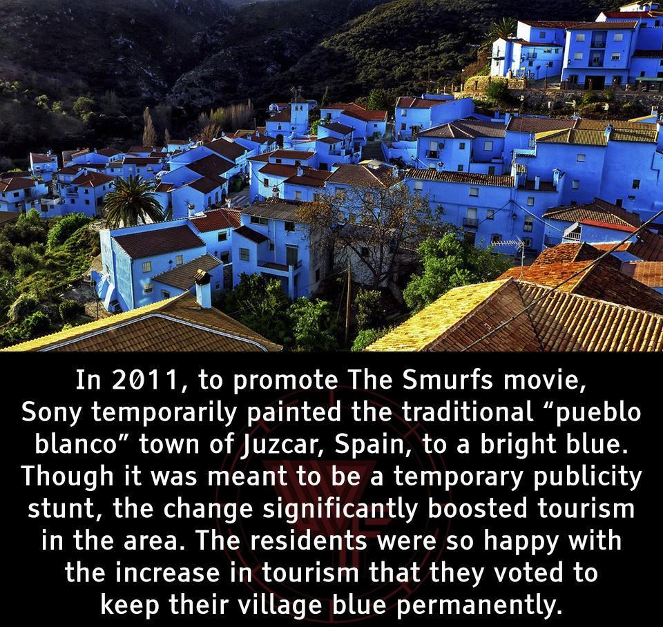 In 2011 to promote The Smurfs movie Sony temporarily painted the traditional pueblo blanco town of Juzcar Spain to a bright blue Though it was meant to be a temporary publicity TR R ENT R T T VAL S G R T in the area The residents were so happy with the increase in tourism that they voted to keep their village blue permanently