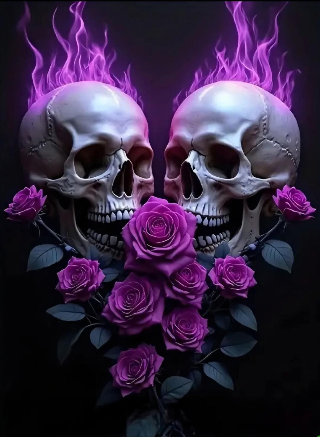 Two skulls with purple flames and purple roses.
