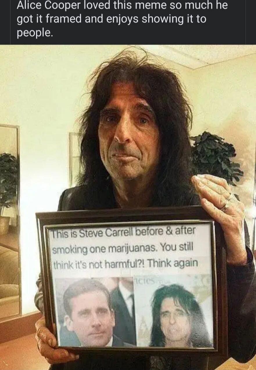 Alice Cooper loved this meme so much he got it framed and enjoys showing it to people.

This is Steve Carrel before & after smoking one marijuanas. You still think it's not harmful?! Think again