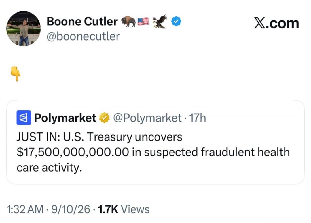 Boone Cutler @boonecutler. Polymarket @Polymarket. JUST IN: U.S. Treasury uncovers $17,500,000,000.00 in suspected fraudulent health care activity.