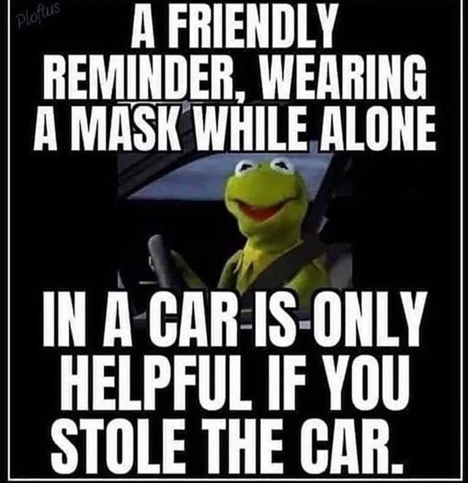 A FRIENDLY REMINDER WEARING A MASK WHILE ALONE 2 IN A CAR ISONLY HELPFUL IF YOU STOLE THE CAR